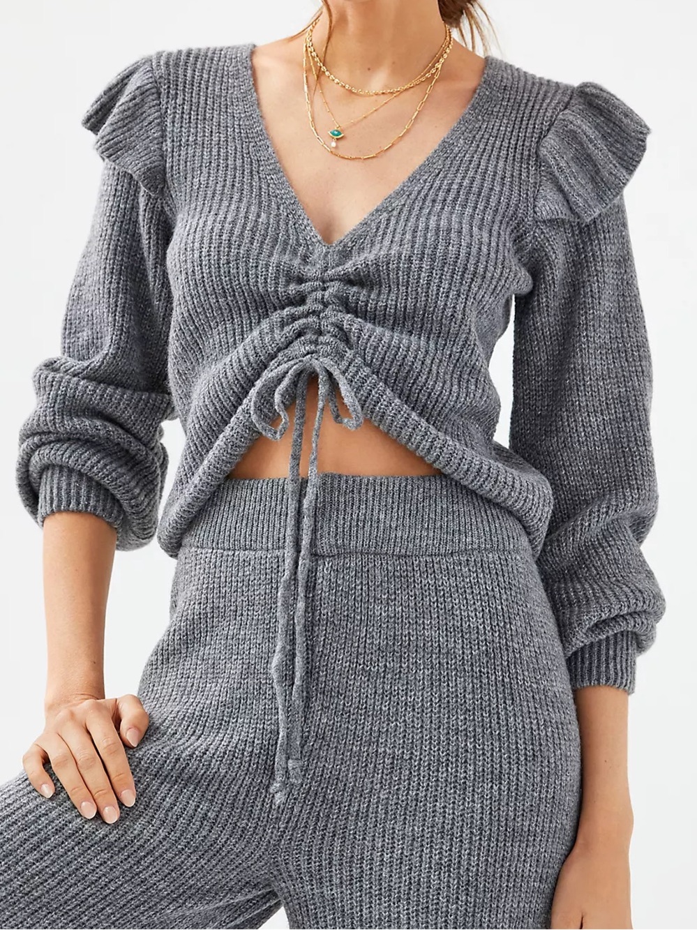 DAILY PRACTICE Grey Ruched V-Neck Puff-Sleeve Sweater w Center Tie - Picture 2 of 16